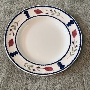 Adams “Lancaster” White Ceramic Salad Plate with Navy and Red Floral Border